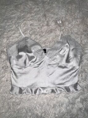 Satin Lace Cami Tank Top - White
